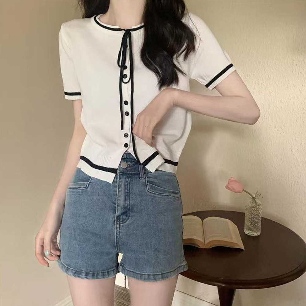 세미크롭 넥 리본타이 포인트 여성 반팔 가디건 [WE61810]