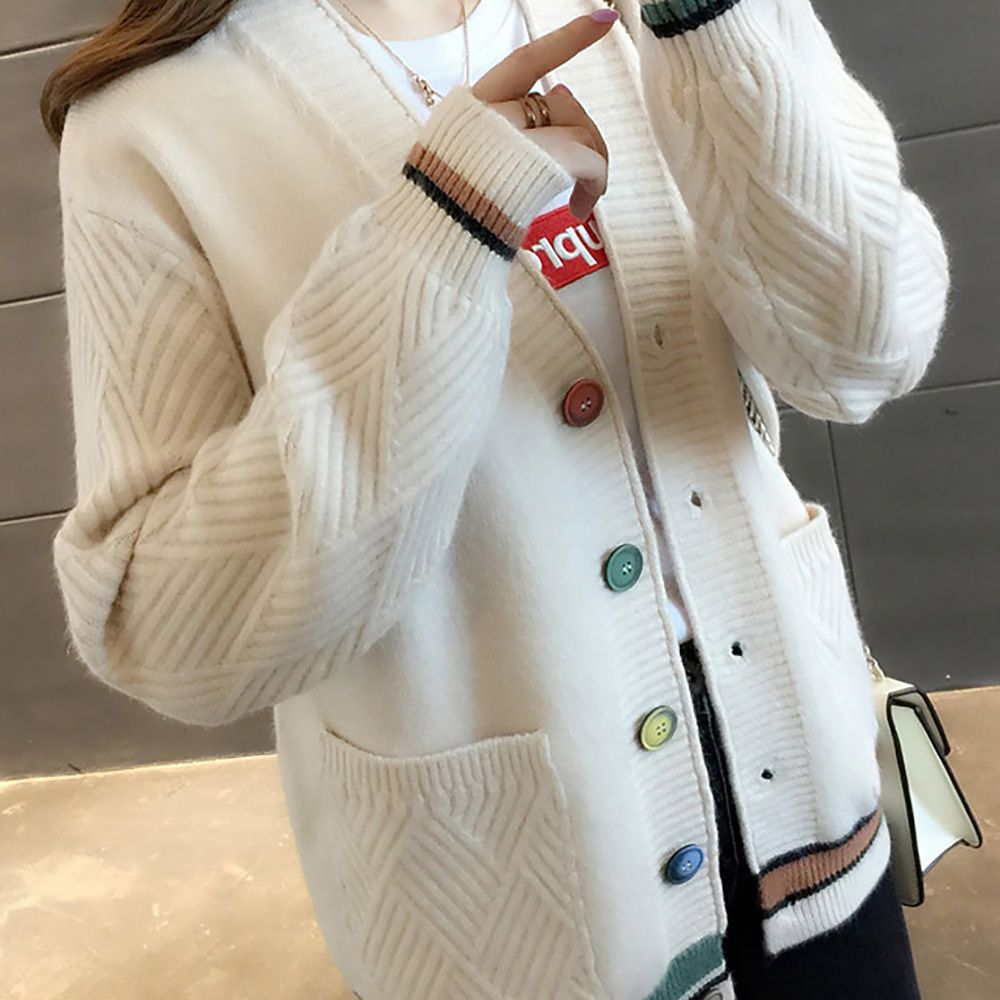 봄 가을 브이넥 배색 패턴 컬러 단추 캐주얼 가디건 [WBED794]