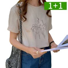 2개세트 라인 프린팅 루즈핏 반팔티 베이직 캐주얼 여성 라운드넥 여름 면 반팔 티셔츠