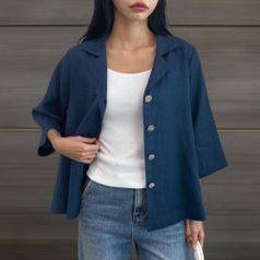 |KDJ650C|여성 오버핏 7부 린넨 자켓 클래식 문양 단추