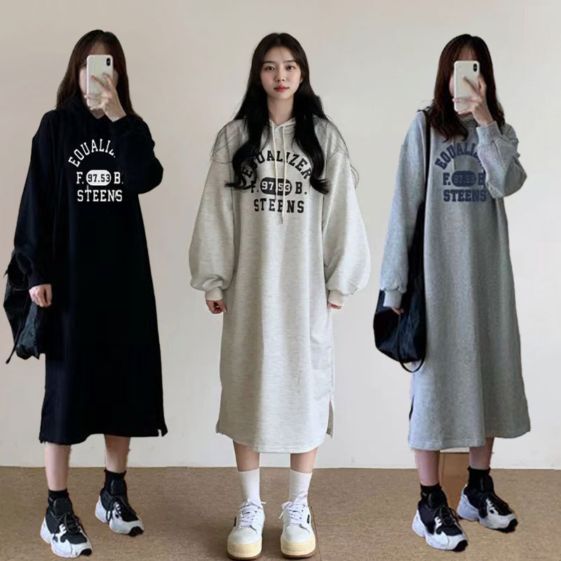 여성 루즈핏 영문 롱 캐주얼 후드 원피스 WLD-WDR-SIS710