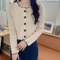 니트 배색 프릴 여성 가디건