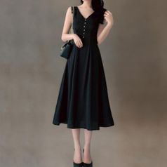 |CCO5839|여성용 블랙 브이넥 민소매 롱드레스 진주 버튼 디자인