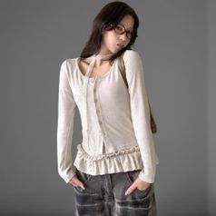 |CHJ692B|여성 도트 레이어드 가디건 레이스 초커넥 프릴 디자인