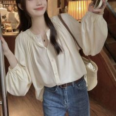 여자 넥라인 소매 펌킨 벌룬 잔주름 블라우스