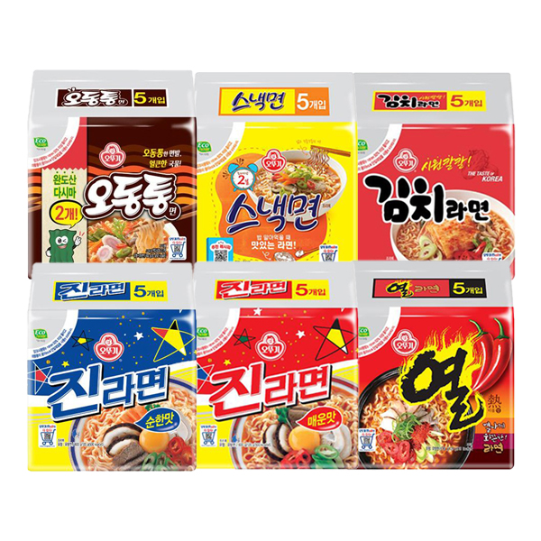 오뚜기 진라면 순한맛5입+매운맛5입+열라면5입+오동통면4입+스낵5입+김치라면4입 6종세트