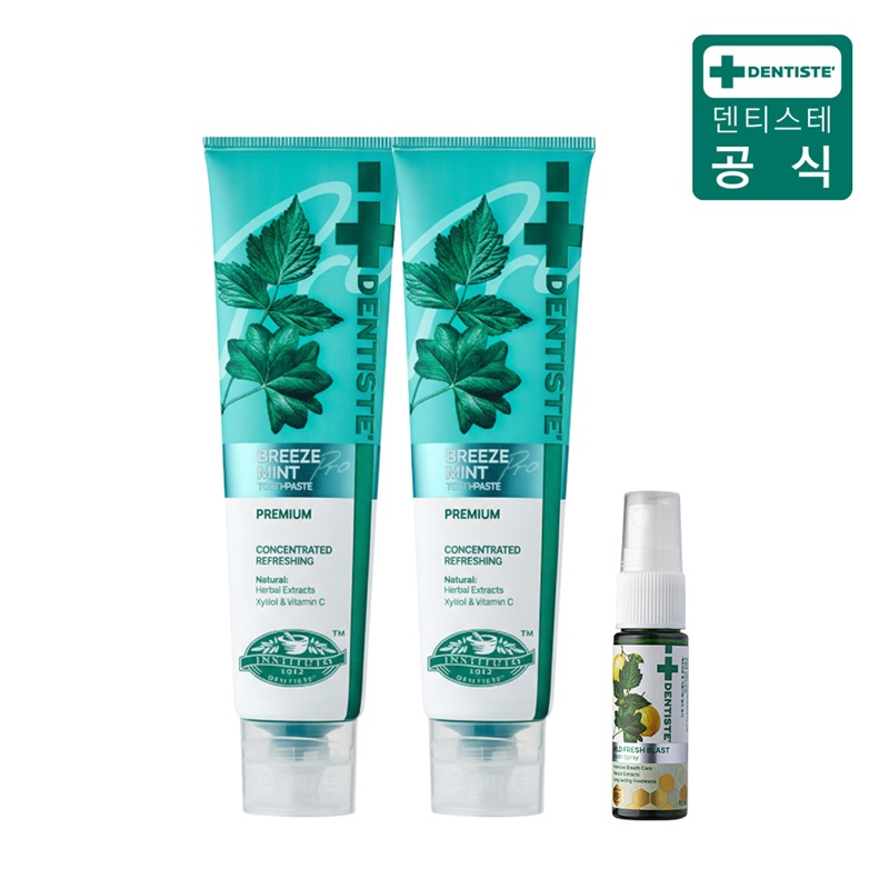 (최신상) 덴티스테 브리즈민트 프로(입냄새제거 불소치약) 180gX2+후레쉬스프레이 15ml구매 후 3천원 적립