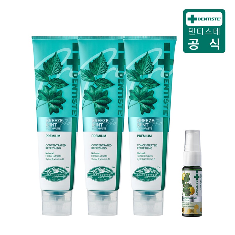 (최신상) 덴티스테 브리즈민트 프로(입냄새제거 불소치약) 180gX3+후레쉬스프레이 15ml구매 후 3천원 적립