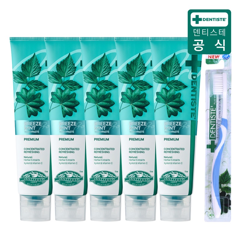 (최신상) 덴티스테 브리즈민트 프로(입냄새제거 불소치약) 180gX5+칫솔구매 후 3천원 적립