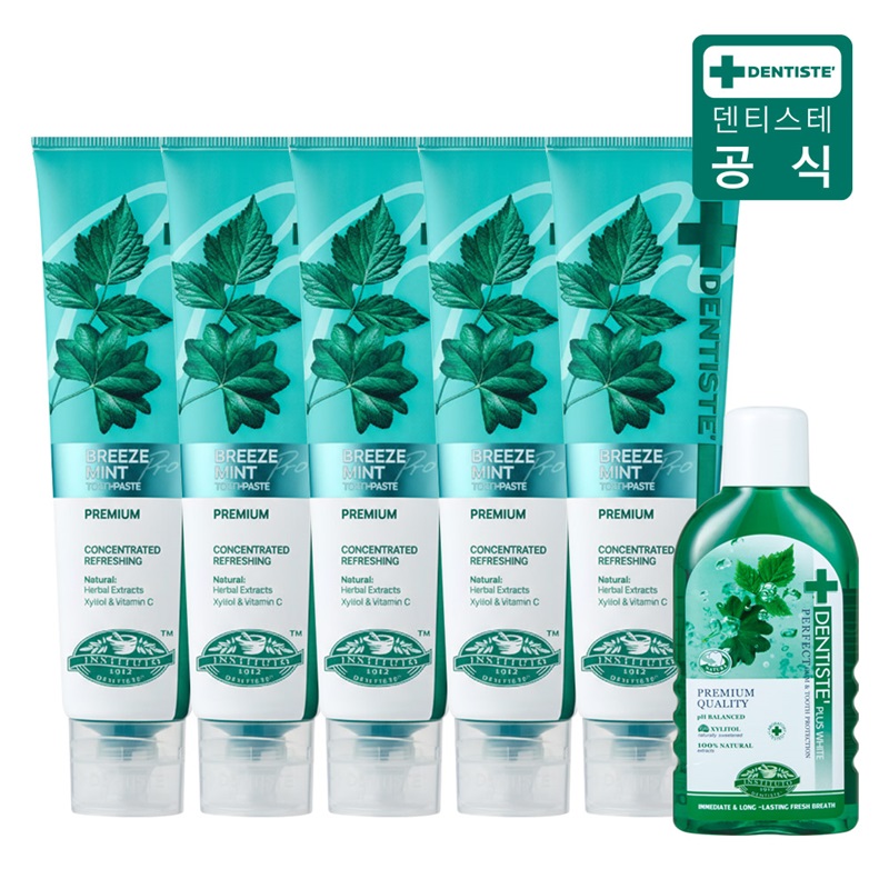 (최신상) 덴티스테 브리즈민트 프로(입냄새제거 불소치약) 180gX5+가글5%쿠폰+구매 후 3천원 적립