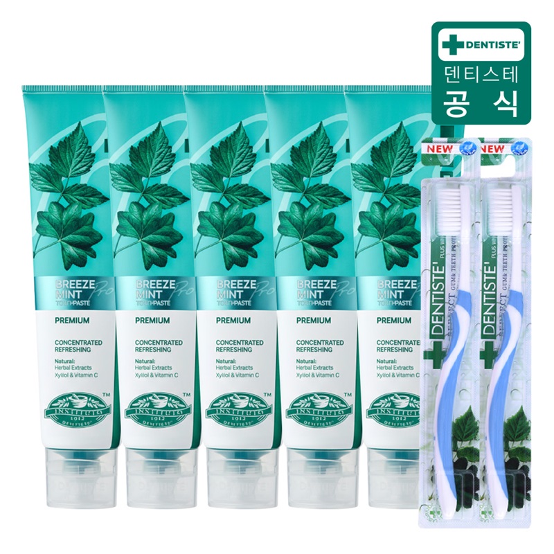 (최신상) 덴티스테 브리즈민트 프로(입냄새제거 불소치약) 180gX5+칫솔X25%쿠폰+구매 후 3천원 적립