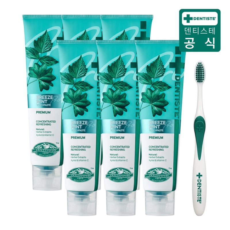 (최신상) 덴티스테 브리즈민트 프로(입냄새제거 불소치약) 180gX6+칫솔5%쿠폰+구매 후 3천원 적립