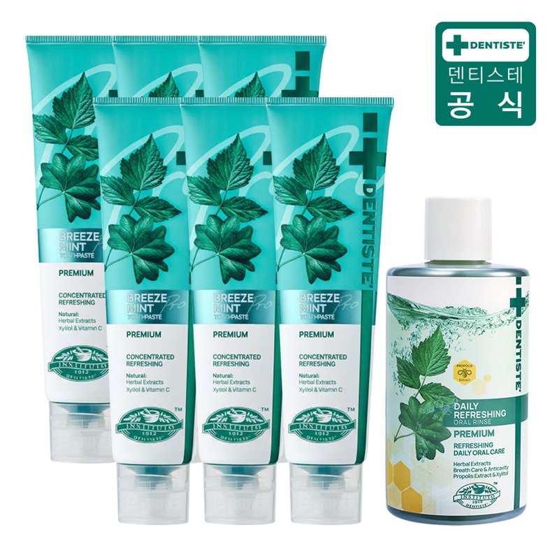 (최신상) 덴티스테 브리즈민트 프로(입냄새제거 불소치약) 180gX6+가글5%쿠폰+구매 후 3천원 적립