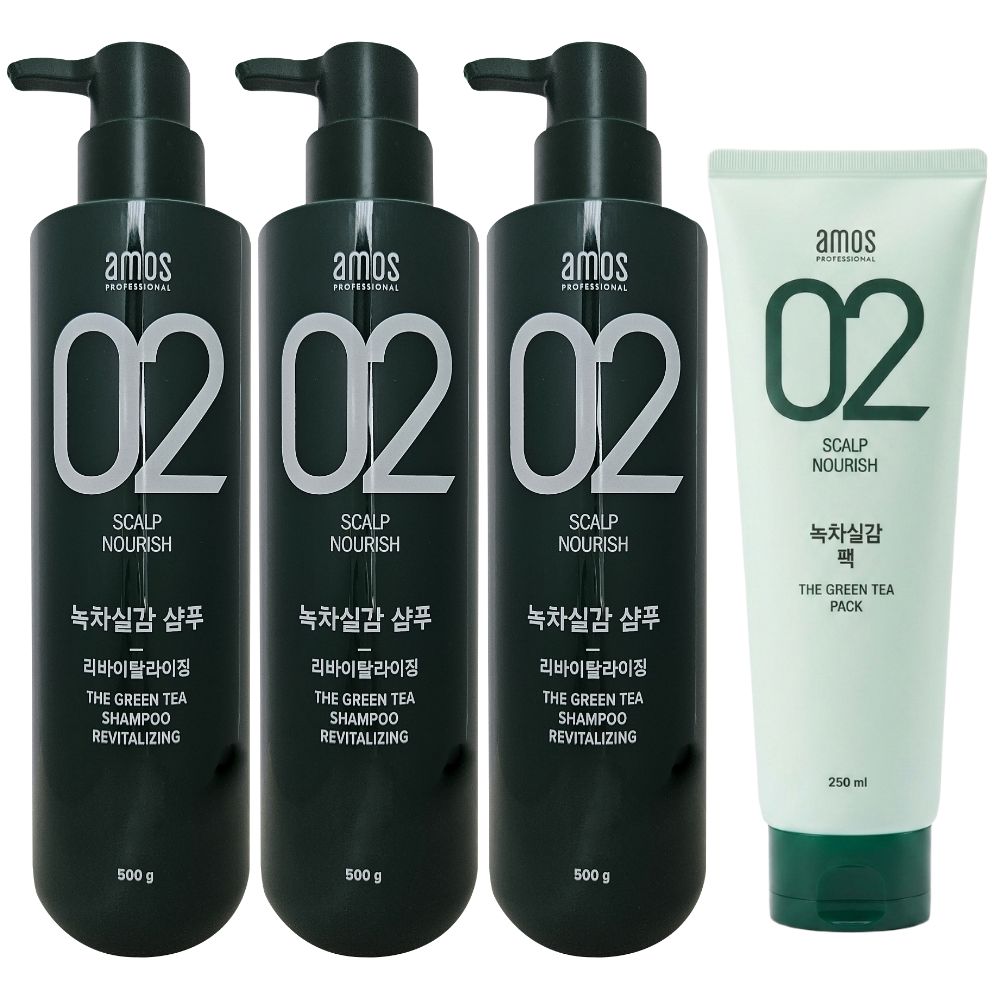 아모스 녹차실감 리바이탈라이징 샴푸 500g 3개 + 녹차실감 팩 250ml 1개