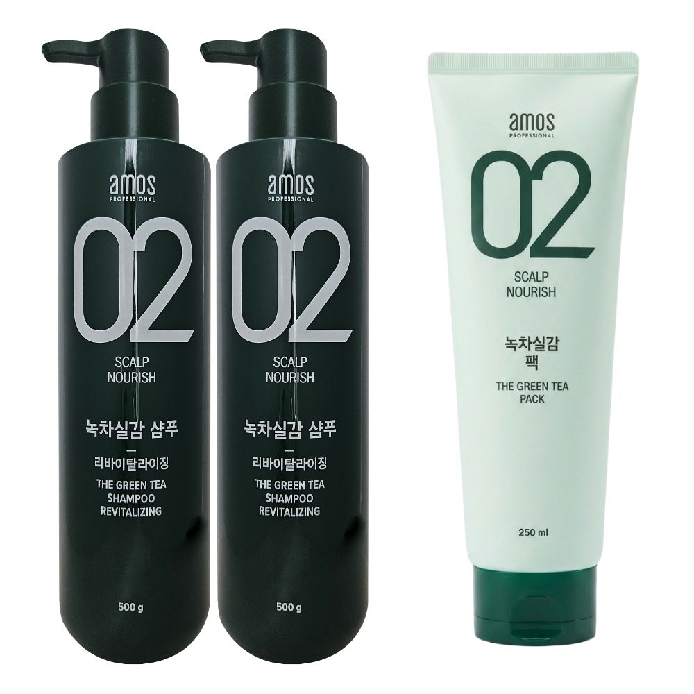 아모스 녹차실감 리바이탈라이징샴푸 500g 2개 + 녹차실감 팩 250ml 1개