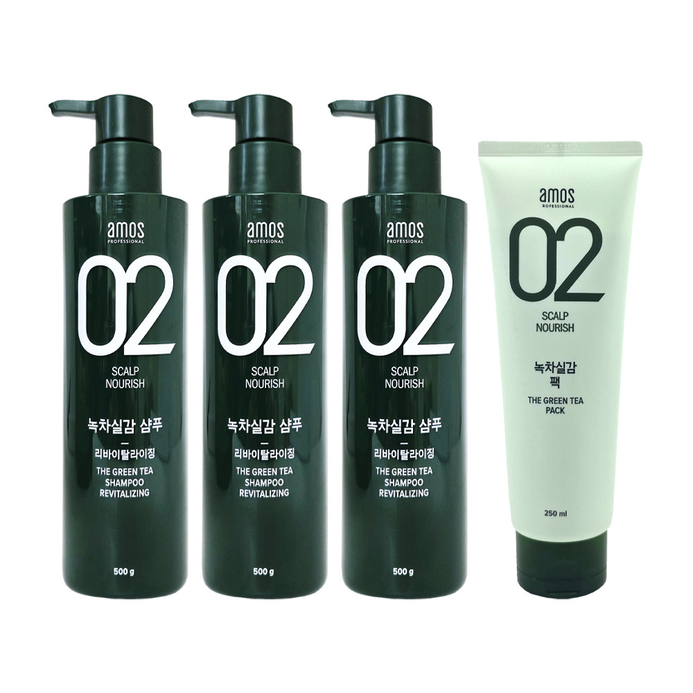 [etv][amos] 아모스 녹차실감 샴푸 리바이탈 라이징 500g 3개+헤어 팩 250ml
