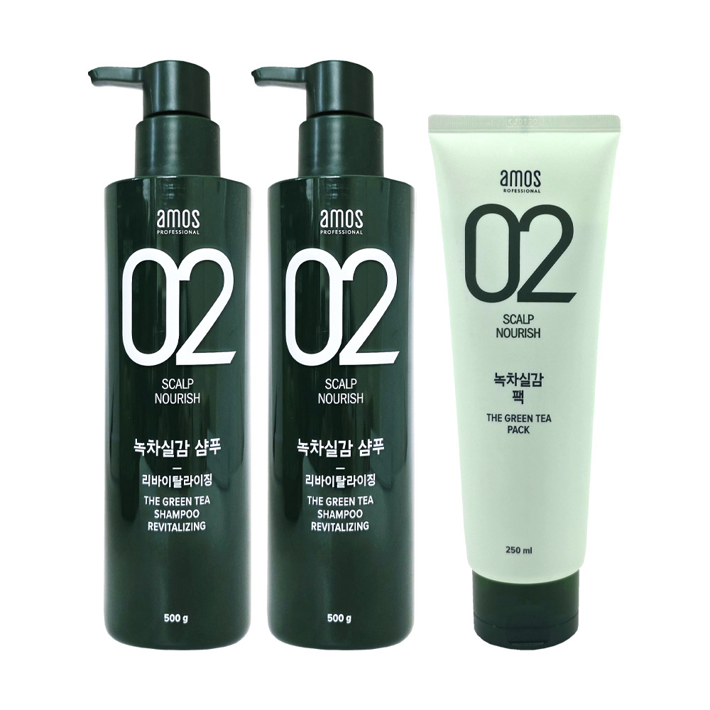 [etv][amos] 아모스 녹차실감 샴푸 리바이탈 라이징 500g 2개+헤어 팩 250ml