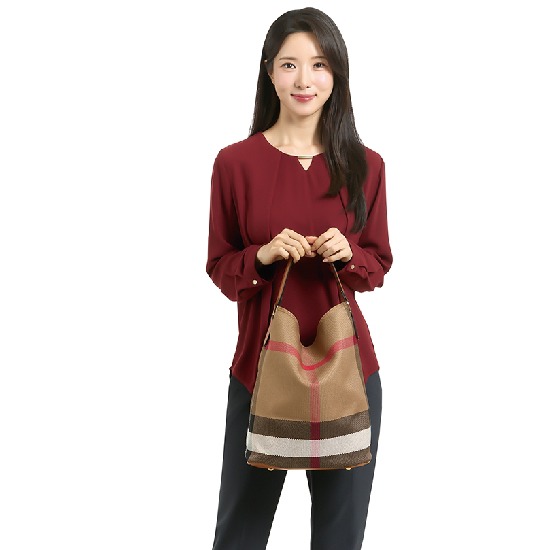 NERKOREA #넬]2종]타탄체크 컬러 블록 버킷백+파우치